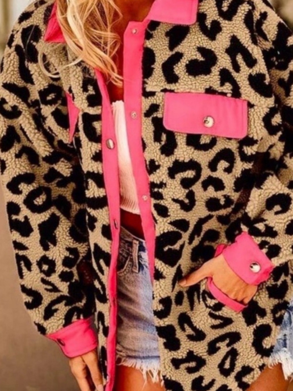 Leopard Sherpa Shacket with Pink Trim